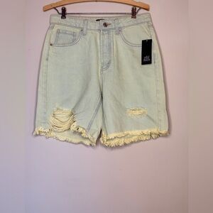 High Rise Button Fly Distressed Jean Bermuda Shorts Light Blue w/ Yellow Tint